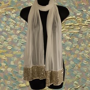 - FORMAL GOLD SEQUIN TRIM SHEER POLYESTER  EXTRA LONG SCARF/WRAP  by B.DAR…